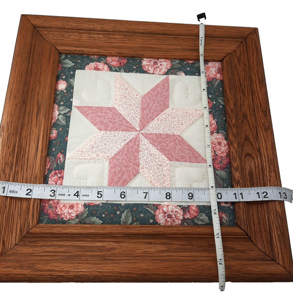 Vintage Floral 8 Point Star Quilt Square Sampler Finished Framed Art Pink Green - Picture 7 of 8